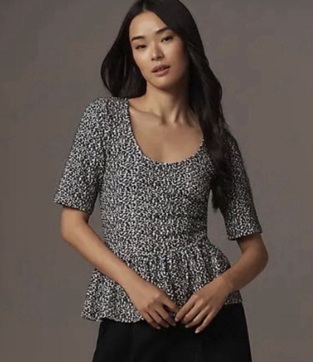 Anthropologie Maeve Top Size M Gray Black Leopard Animal Print Peplum Scoop-Neck